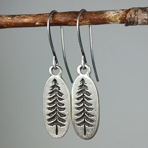 HAND CRAFTED Rustic Silver Pine Tree Nature Inspired Earrings